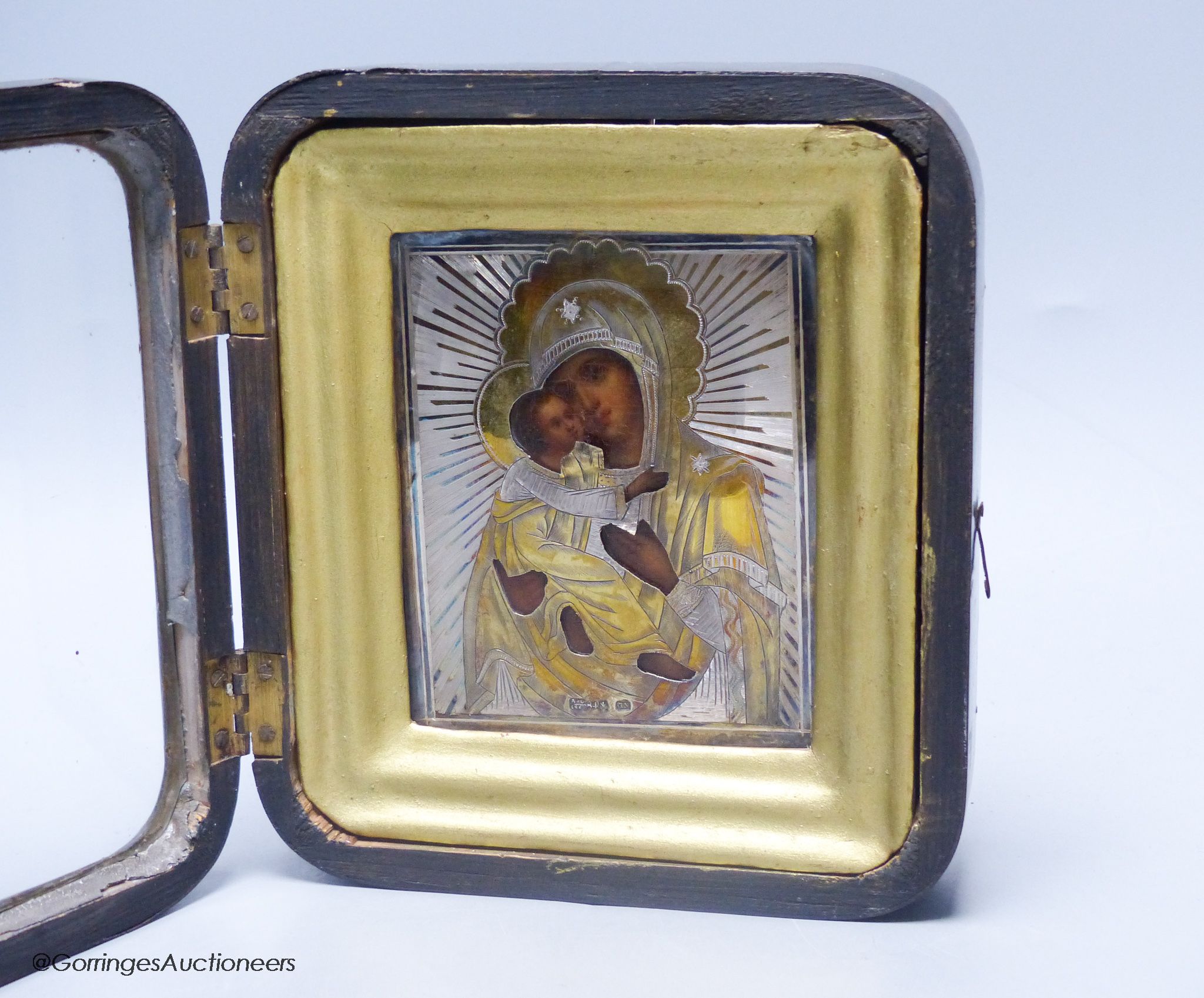 A Russian 84 zolotnik icon in frame, assay master probably A Svyechin, Moscow, 1862-1875, overall 20.3cm.
